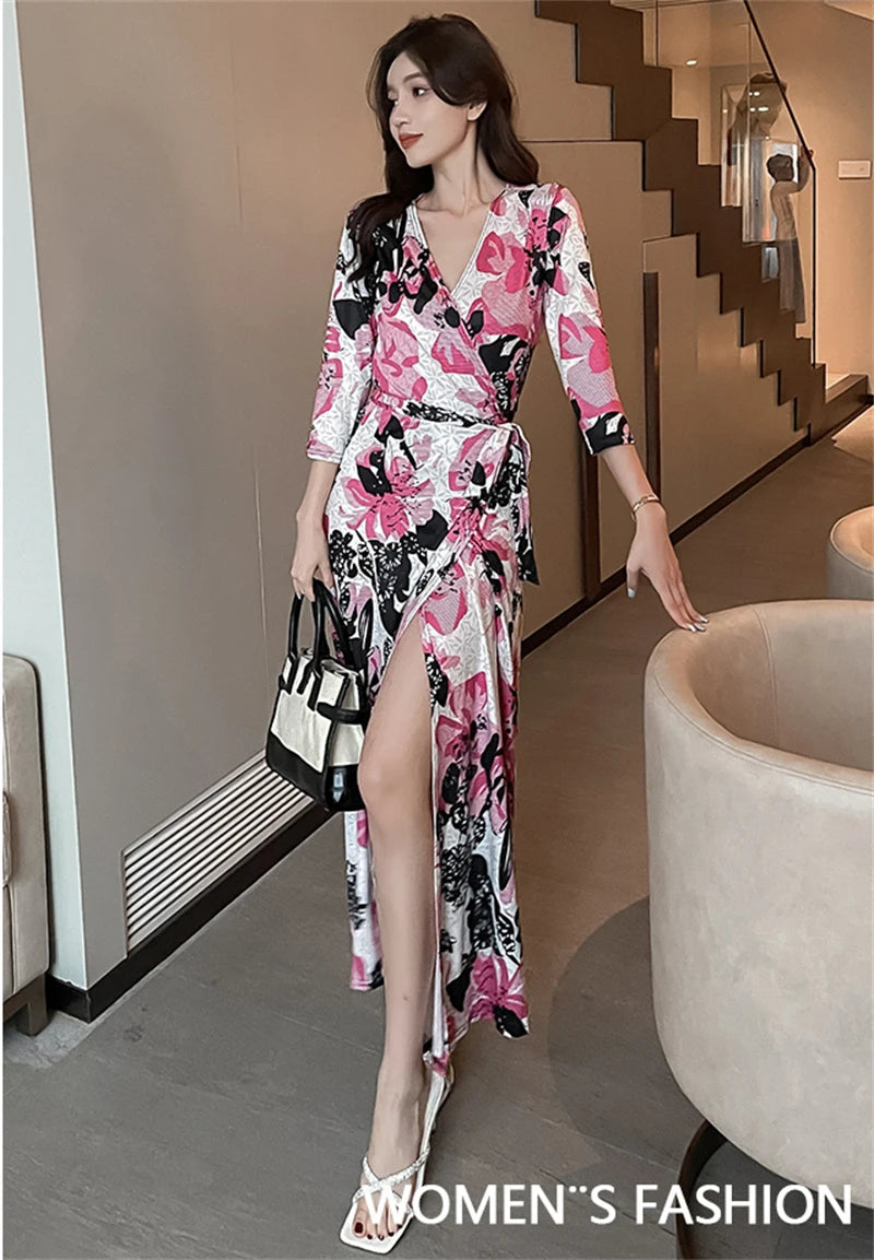FANIECES Summer Wrap Dresses Women Sexy V Neck Split Maxi Dress Print Female Casual Beachwear Lace Up Party Vestidos Robe платье