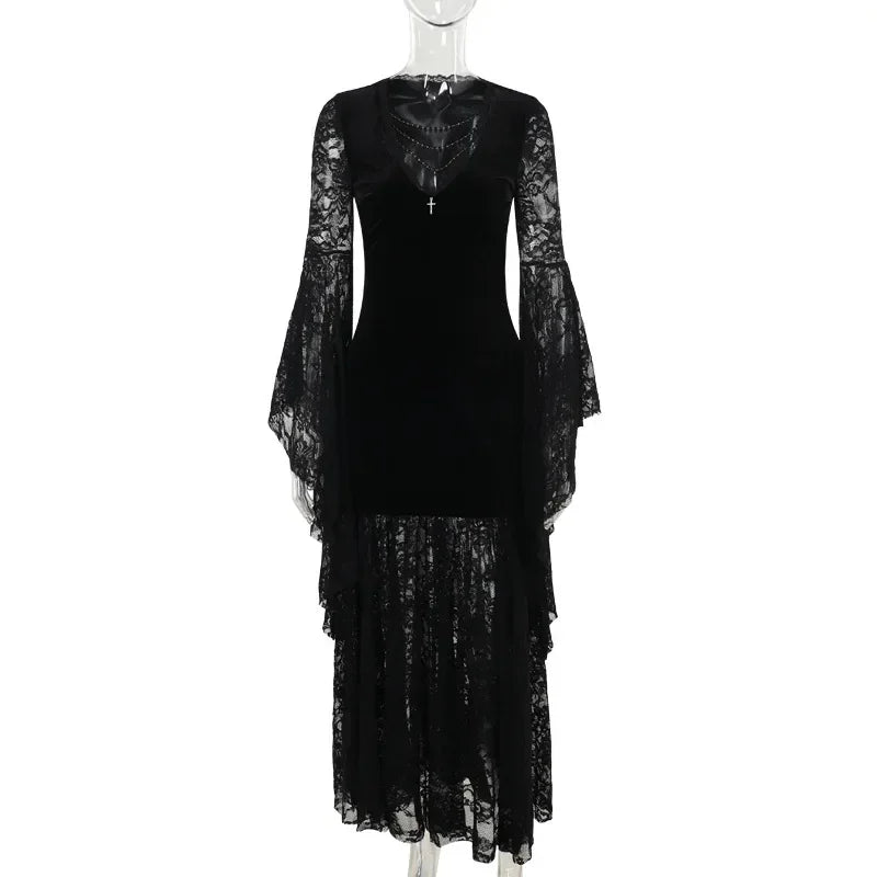 Y2K Goth Floral Lace Mesh Flared Sleeve Bodycon Party Dresses Sexy Vintage Elegant Black Velvet V-Neck Long Dress Partywear
