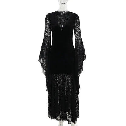Y2K Goth Floral Lace Mesh Flared Sleeve Bodycon Party Dresses Sexy Vintage Elegant Black Velvet V-Neck Long Dress Partywear