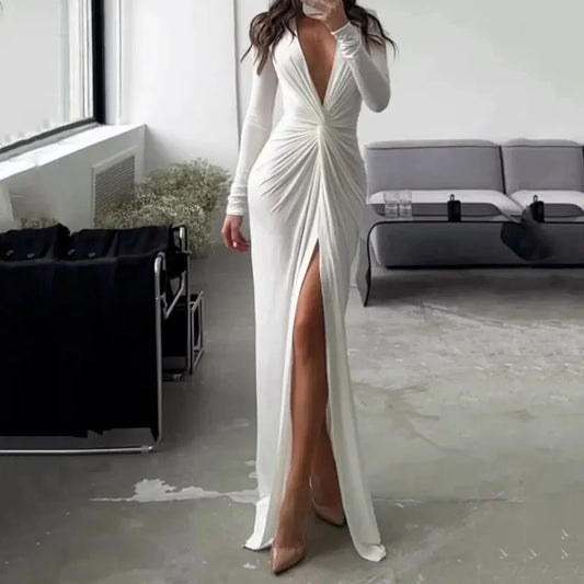 hirigin Spring Bodycon Dresses For Women Luxury Designer Party Prom  Deep V Neck Sexy Dress Hem Split Outfits Evening Vestidos