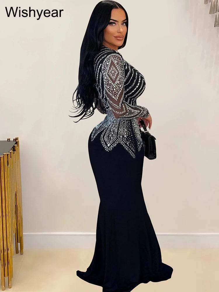 Wishyear Sexy Crystal Rhinestones Long Sleeve V Neck Mermaid Blue Maxi Dress Women Birthday Evening Luxury Celebrities Elegant