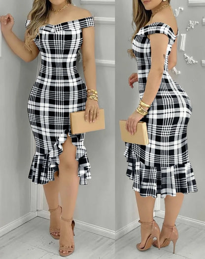 Womens Dresses 2024 Summer Fashion Beaded Off Shoulder Ruffles Slit Hem Elegant Plain Short Sleeve Skinny Midi Party Dress