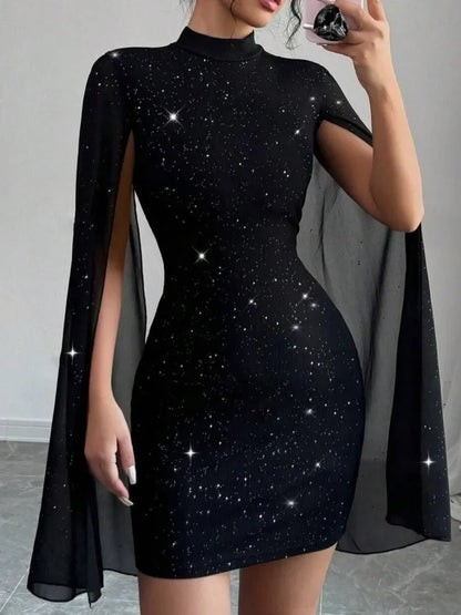 Spring New Party Tight Sexy Dress Women O Neck Solid Fashion Sequin Cape Mesh Women's Mini Skirt With Hip Wrap Dress Vestidos