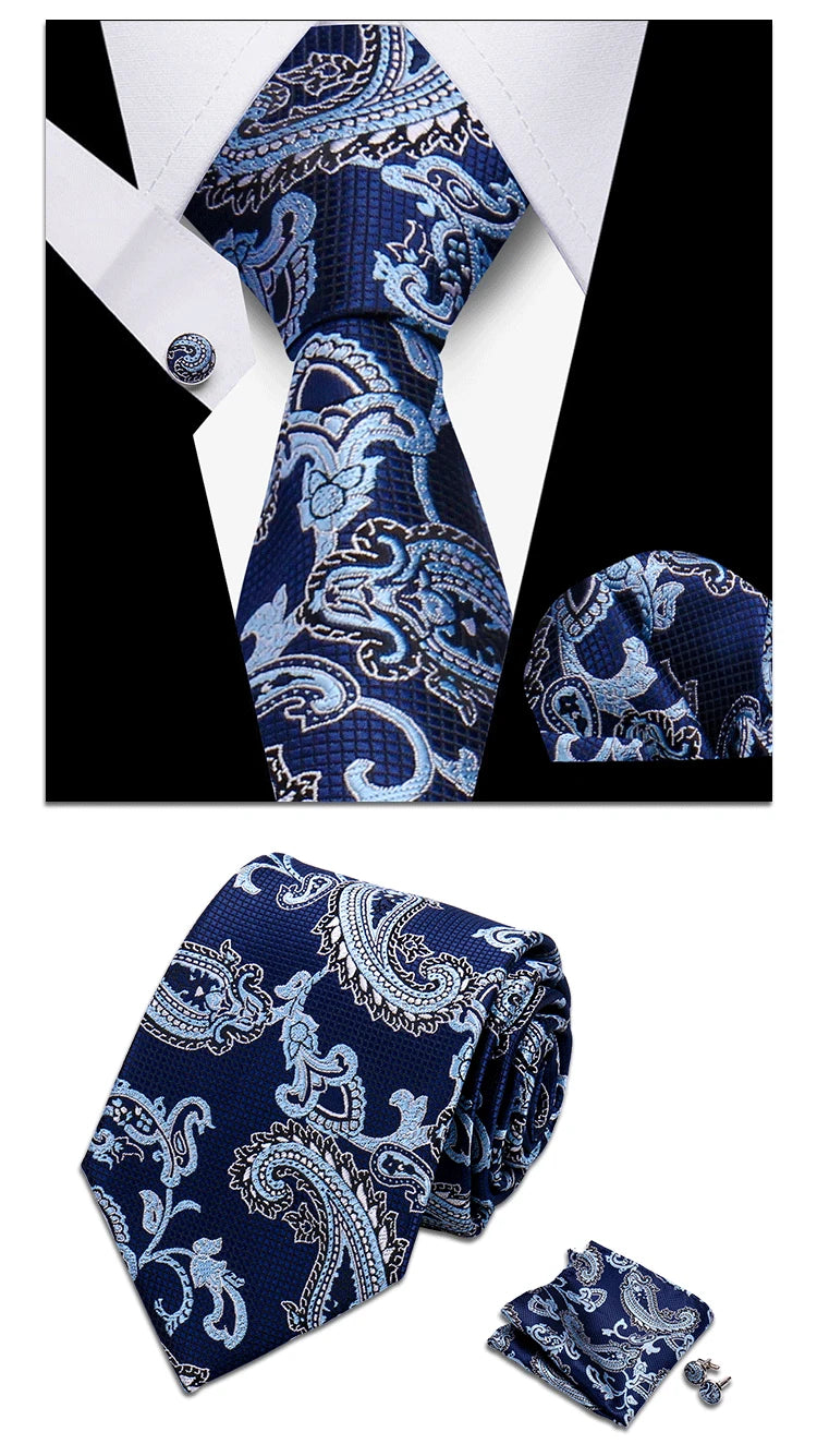 Classic Elegant Ties For Men Fashion Gifts Striped Solid Necktie Handchief Cufflink 3 Pcs Set Wedding Business Suit Accessories