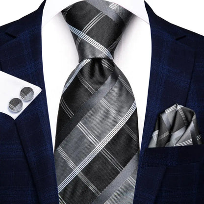 Hi-Tie Designer Silk Wedding Tie For Men Blue White Plaid Handky Cufflink Set Fashion Necktie For Men Business Party Wholesale