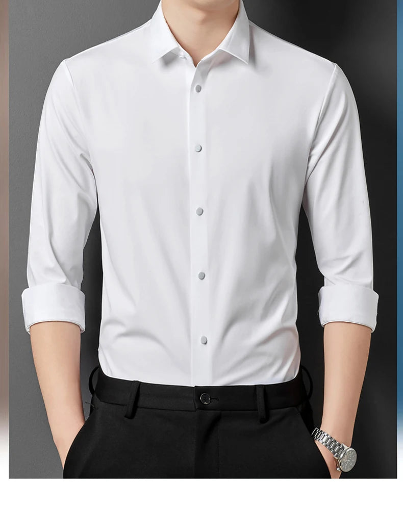 Men's High Quality Solid High Elasticity Seamless Comfortable Long Sleeve Shirts Slim Social Casual Business Formal Dress Shirt