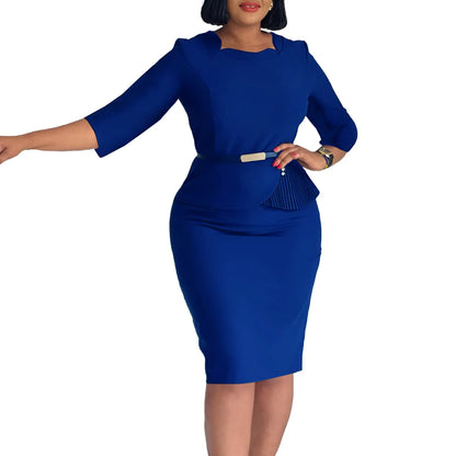 L-3XL Plus Size Elegant Midi Dress 2025 Spring Summer Women Office Lady Dress Casual 3/4 Sleeve Bandage Robe Oversize Dress
