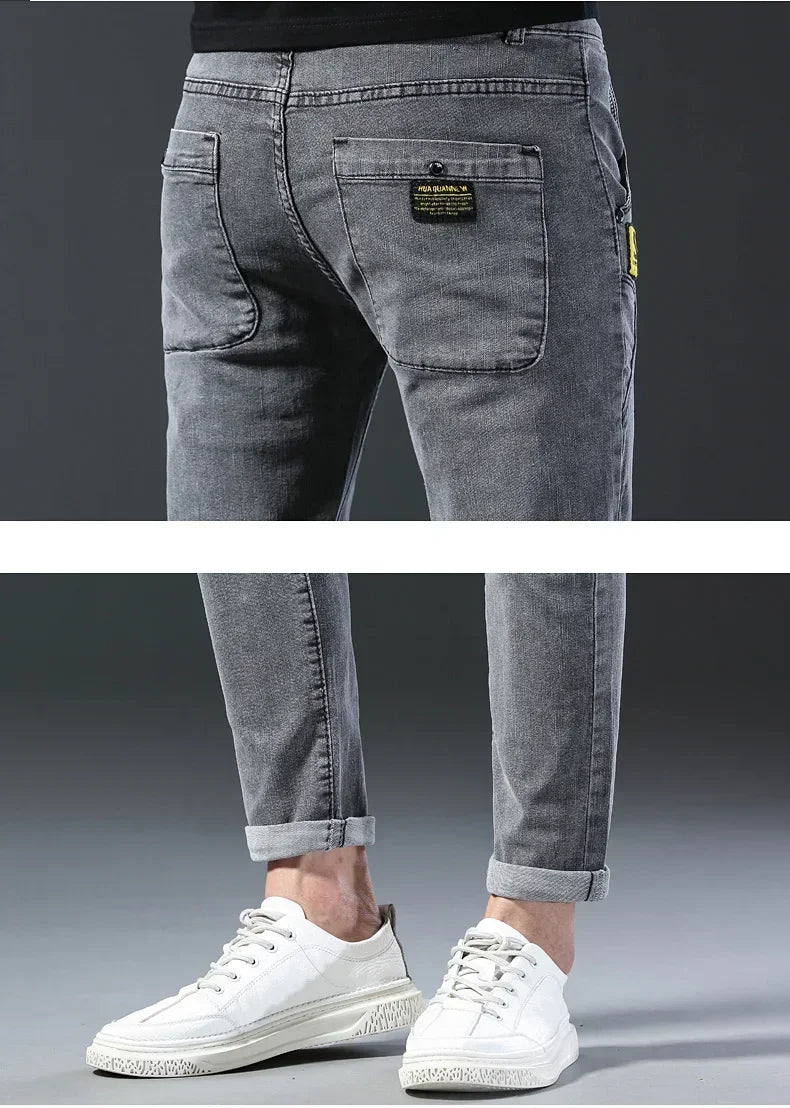 New Men's Denim Pants Slim Straight Gentleman Size 27-38 Slacks Fashion European American Style Stretch Men Luxury Jeans Grey