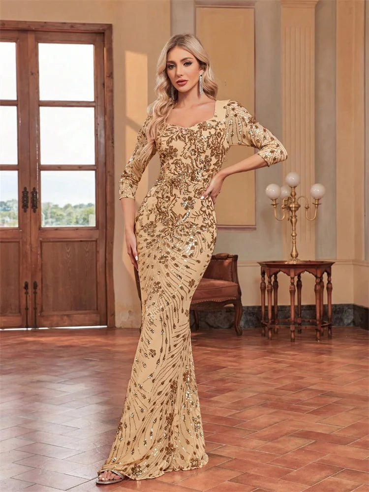 Luxury Champagne Evening Dress Women 2024 Long Mermaid Formal Sequins V-neck Prom Elegant Wedding Party Cocktail Gown