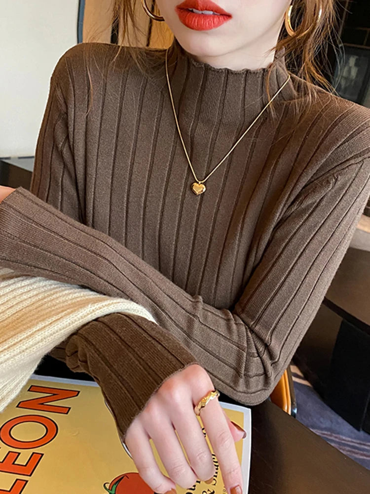 Autumn Winter Knitted Ribbed Turtleneck Sweater Women Clothes 2025 Long Sleeve Slim Basic Pullover Woman Sweaters Solid Tops