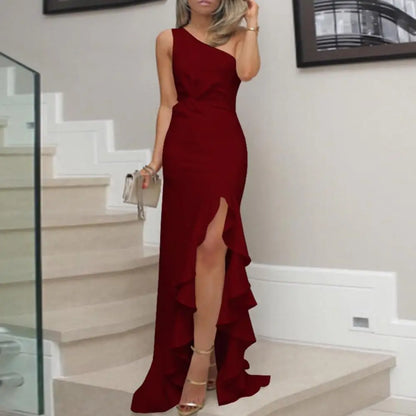 Women Sexy One Shoulder Ruffle Large Swing Slit Evening Party Dress Slim Maxi Dress Bodycon Dress Clubwear Womens dresses