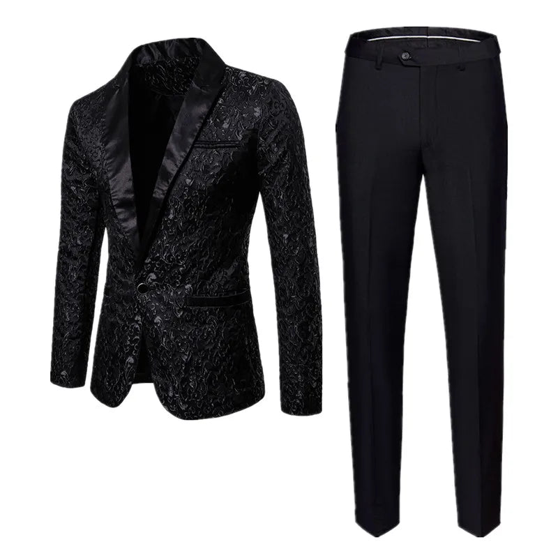 Fashion Men Business Jacquard Suit 2 Piece Black / Gold / White Male Dance Party Swallowtail Dress Male Blazers + Pants