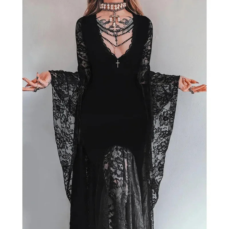 Y2K Goth Floral Lace Mesh Flared Sleeve Bodycon Party Dresses Sexy Vintage Elegant Black Velvet V-Neck Long Dress Partywear
