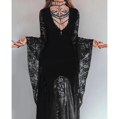 Y2K Goth Floral Lace Mesh Flared Sleeve Bodycon Party Dresses Sexy Vintage Elegant Black Velvet V-Neck Long Dress Partywear