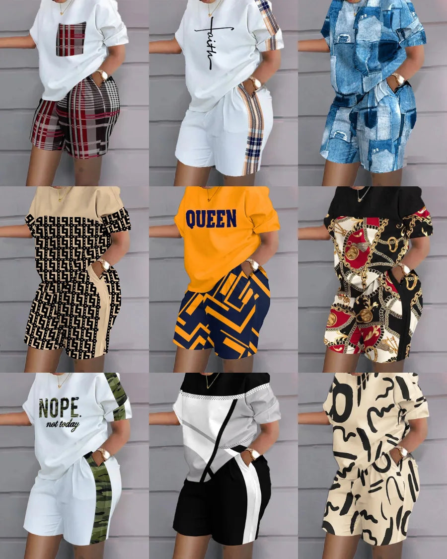 Women Casual Short Sleeve Two Piece Sets Women Outfit 2023 Summer Letter Printed Pocket Suit Female T Shirt Shorts 2 Pieces Set