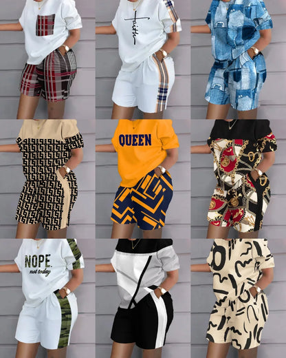 Women Casual Short Sleeve Two Piece Sets Women Outfit 2023 Summer Letter Printed Pocket Suit Female T Shirt Shorts 2 Pieces Set