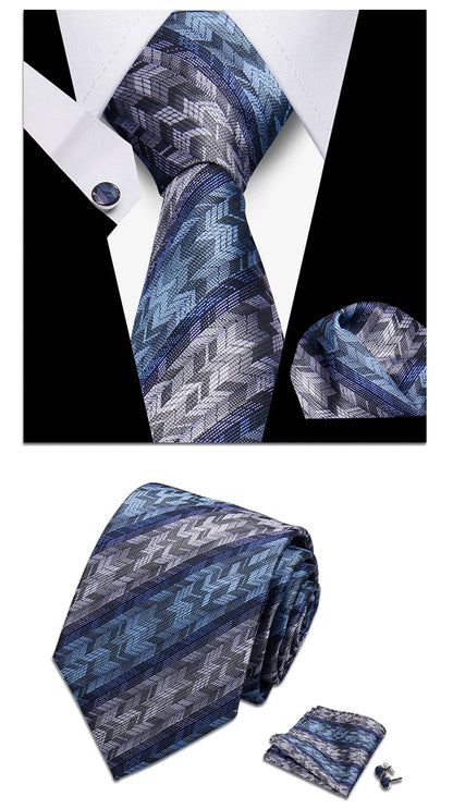 Classic Elegant Ties For Men Fashion Gifts Striped Solid Necktie Handchief Cufflink 3 Pcs Set Wedding Business Suit Accessories