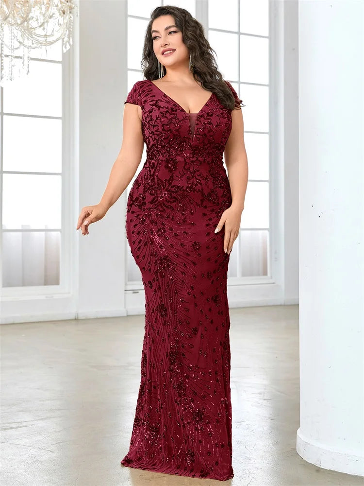 XUIBOL Plus Size  Elegant Sequin Evening Dress Long 2024 Women Mermaid Formal Deep V-neck Prom Luxury Wedding Party Dresses