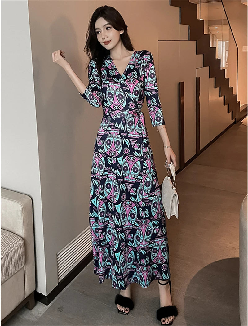 FANIECES Summer Wrap Dresses Women Sexy V Neck Split Maxi Dress Print Female Casual Beachwear Lace Up Party Vestidos Robe платье