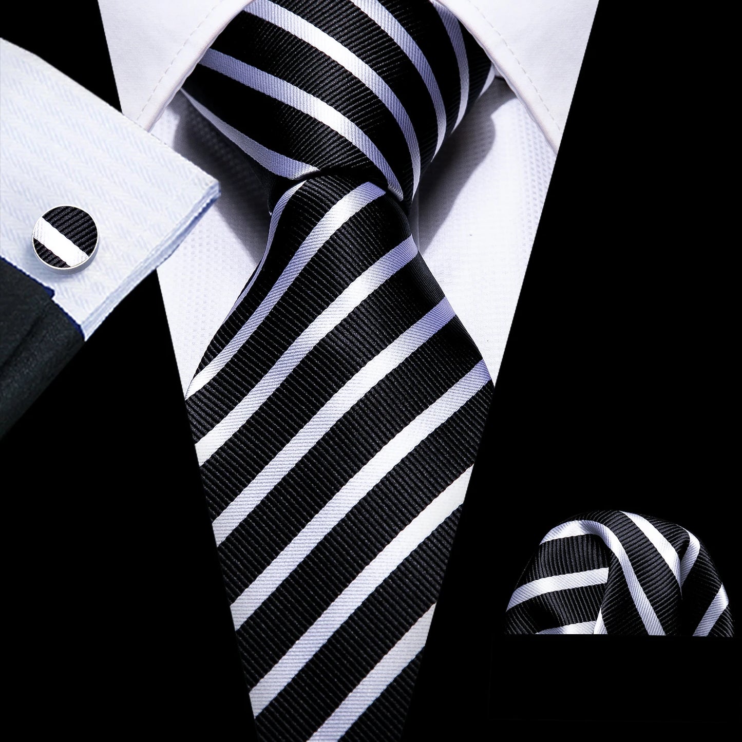 Barry.Wang Black White Gray Silver Silk Men Tie Handkerchief Cufflinks Set Jacquard Necktie for Male Wedding Business Party Gift