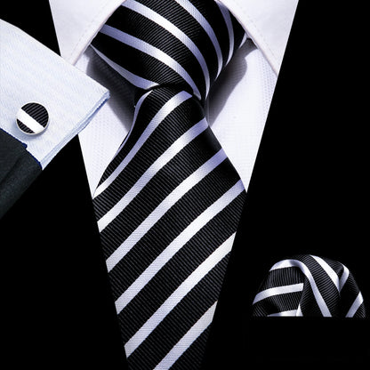 Barry.Wang Black White Gray Silver Silk Men Tie Handkerchief Cufflinks Set Jacquard Necktie for Male Wedding Business Party Gift