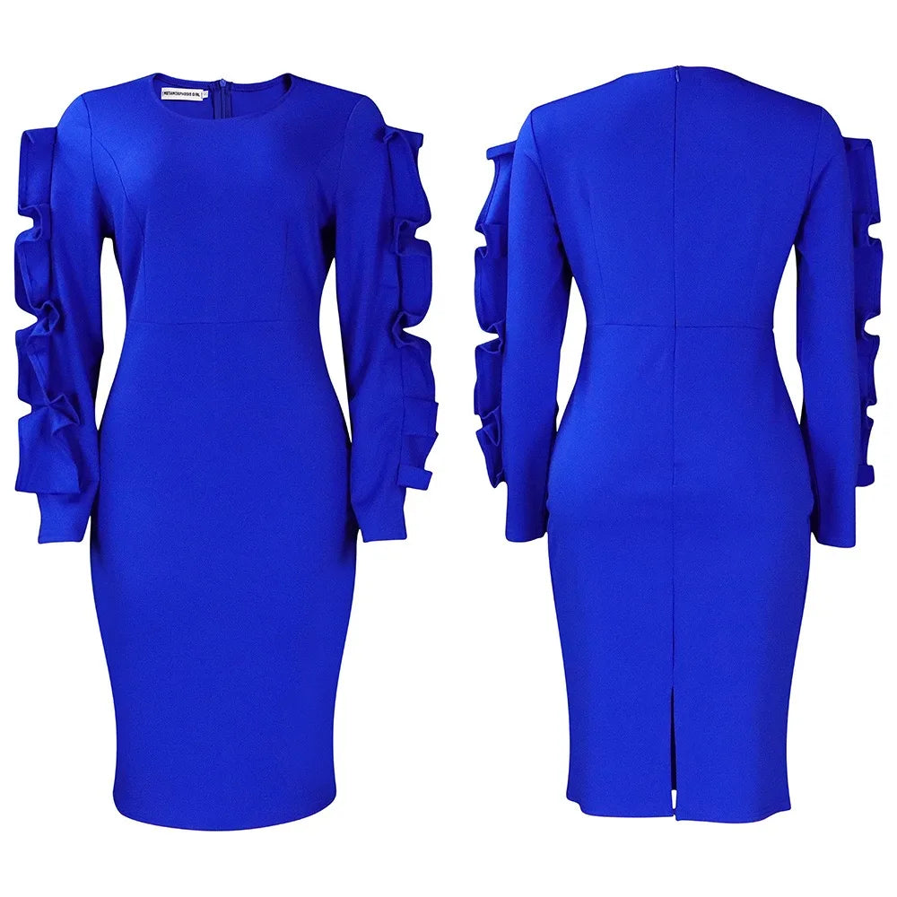 Elegant Office Dresses for Woman 2024 New O Neck Petal Sleeve Sheath Package Hips Mid Calf Formal Business Work Wear Dress Midi