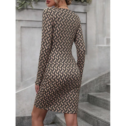 Spring Autumn New Print Dresses Women Sexy Deep V-neck Buttons Folds Irregular Package Hip Dress Fashion Lady Slim Mini Vestidos