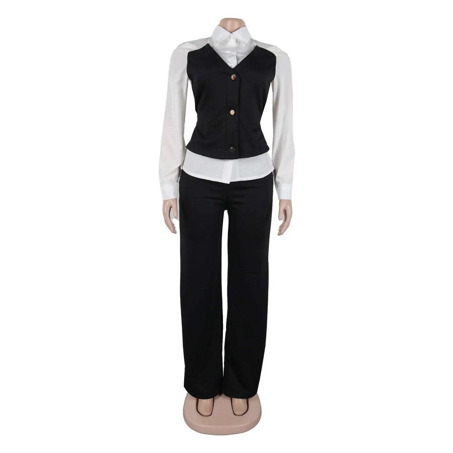 HLJ Elegant Lady Patchwork Shirts Two Piece Sets Women Lapel Long Sleeve Button Top And Pants Outfits Autumn OL 2pcs Clothing
