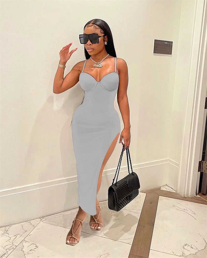 Sexy Side Cut Out Night Party Dresses Women Spaghetti Strap V-neck Backless Slim Bodycon Maxi Dress Elegant Birthday Prom Dress