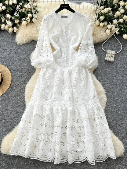 Spring French Vacation Fashion Dress Women Buttons Hook Flower Hollow Out Design 2025 High Quality Lace Ruffles Long Dress