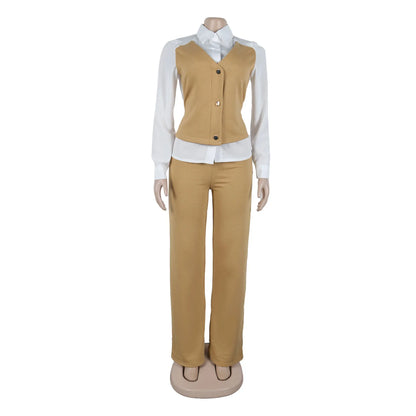 HLJ Elegant Lady Patchwork Shirts Two Piece Sets Women Lapel Long Sleeve Button Top And Pants Outfits Autumn OL 2pcs Clothing