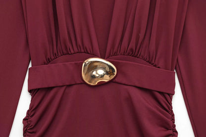 Spring Women's French Evening Dress With Pleated Embellished Waistband Long Sleeved V-neck And Elegant Dress
