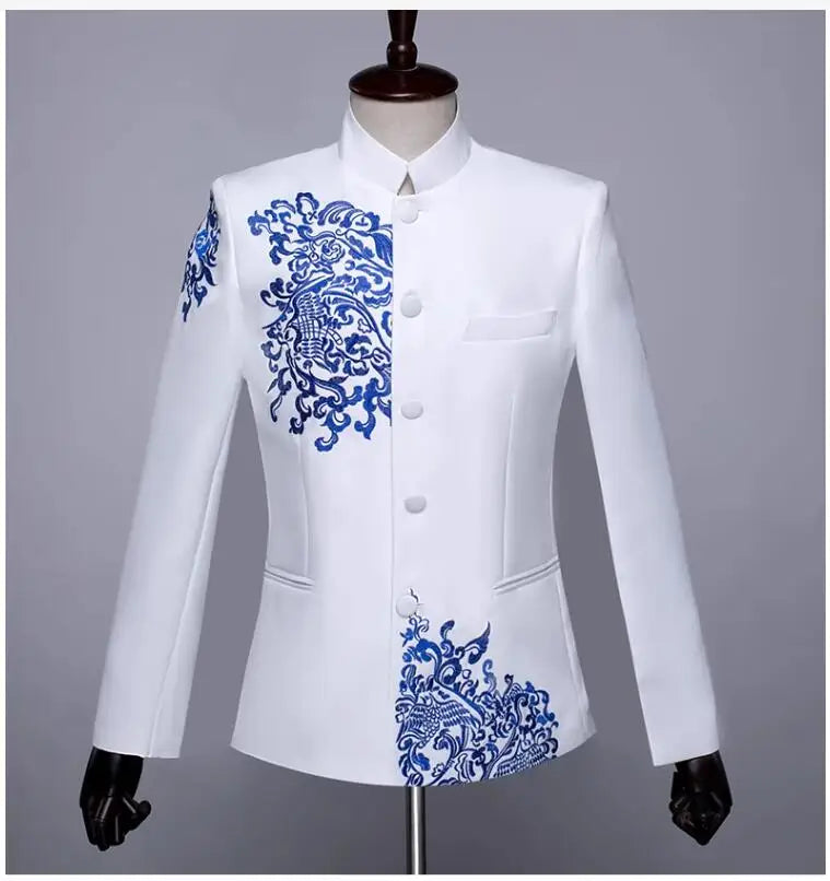 New Men Standing Collar Embroidered Suit 2 Piece Fashion Male Business Social Wedding Prom Stage Performance Dress Blazer Pant