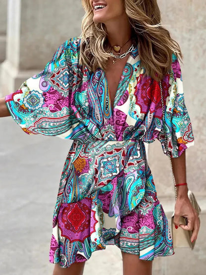 spring Irregular Mini Dress For Women Fashion Print Casual Bohemia Style Vacation Sundress Women's Bat Sleeve Ruffles Dresses