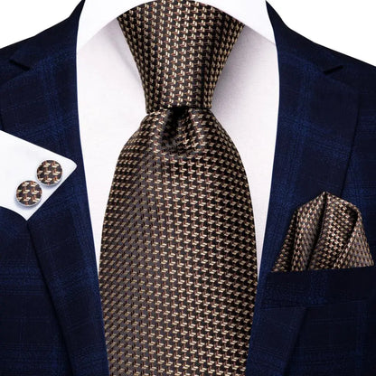 Hi-Tie Paisley Brown Tie For Men Elegant Mens Necktie Pocket Square Cufflink Groom Wedding Accessory Wholesale New Designer