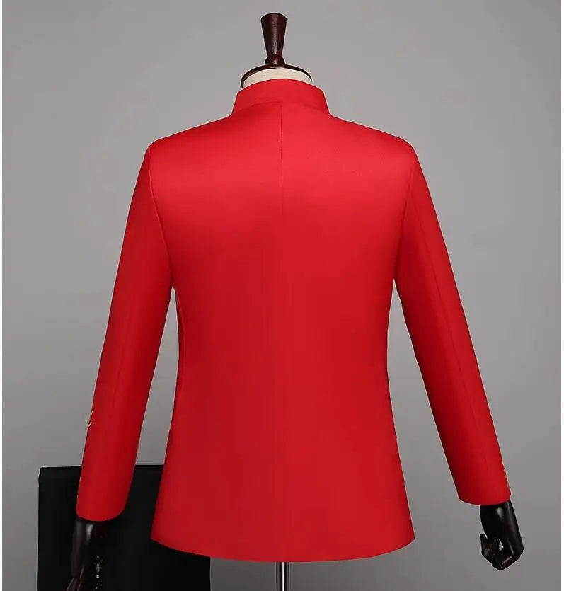 New Men Standing Collar Embroidered Suit 2 Piece Fashion Male Business Social Wedding Prom Stage Performance Dress Blazer Pant