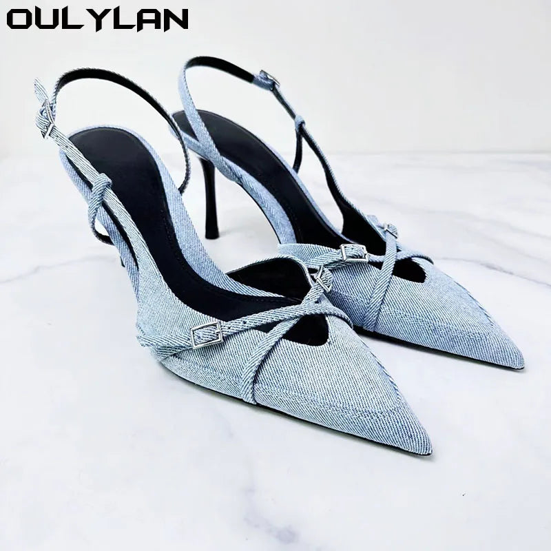 Oulylan Sexy Women High Heels Pumps Shoes Pointed Toe Party Slingbacks Denim Wedding Office Pumps Sandals Blue Ladies