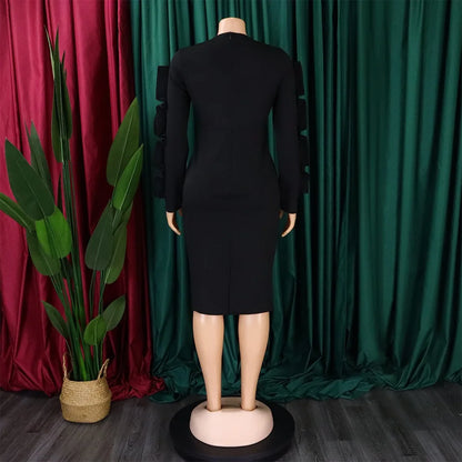 Elegant Office Dresses for Woman 2024 New O Neck Petal Sleeve Sheath Package Hips Mid Calf Formal Business Work Wear Dress Midi