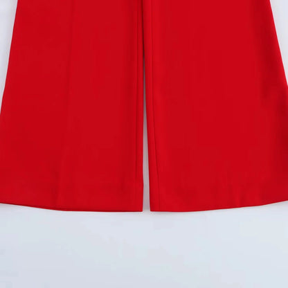 KONDALA Office Lady Chic Red Vest Blazer Suit V Neck Sashes Sleeveless Blazer High Waist Wide Leg Pants Fashion 2025 Summer Sets