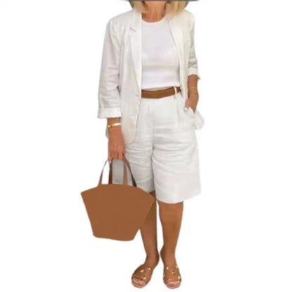 Cotton Linen Temperament Blazer Shorts Women's Blazer Suit 2 Piece Set Elastic Waist Thin Female Blazer Shorts Summer Outfit
