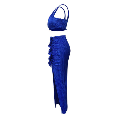 Summer Dresses for Women Two Pieces Set Sexy Backless Halter Top and High Waist Side Slit Pleated Skirt Matching Lady Streetwear