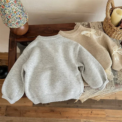 Korean Style Children Clothing Autumn New Girl Baby Toddler Solid Bow Sweaters Winter Fashion Sweet Kid Princess Knitted Sweater