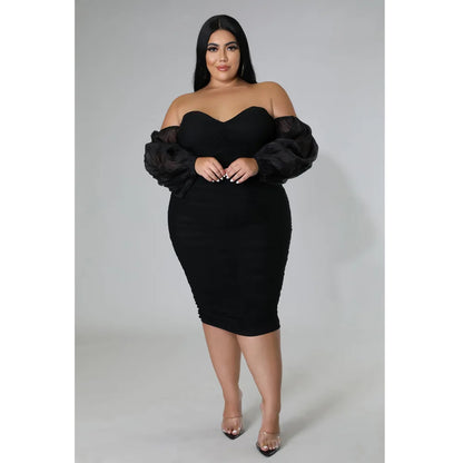 CM.YAYA Plus Size Women Mesh Patchwork Off Shoulder Ruched Bodycon Midi Dress evening Winter 2022 Sexy Party Club Prom Dresses