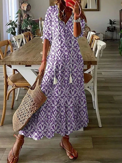 New Women's Spring Summer Dress Sexy V-neck Drawstring Printed Long-sleeved Dress Casual Loose Fashion Elegant Fresh Sweet Dress