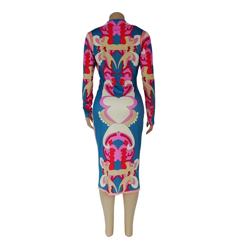 CM.YAYA Women Paisley 3D Printed Stacked Long Sleeve Deep V-neck Bodycon Midi Maxi Long Dress 2023 Evening Sexy Party Dresses