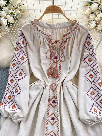 Women's Spring Dress Bohemian Retro Ethnic Style Diamond Cotton Linen Blend Embroidered Lantern Sleeves Mini Dress DS003