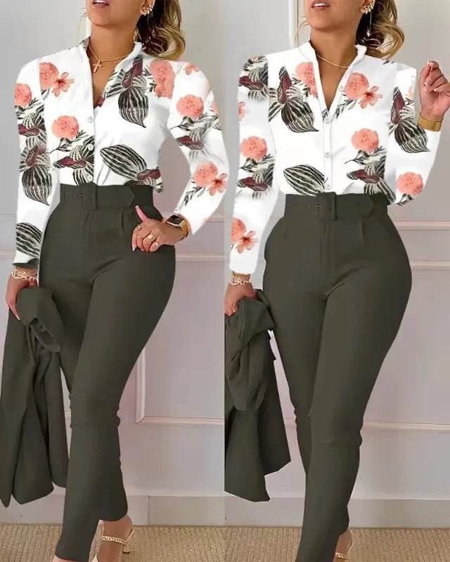 Women's Elegant Autumn/Winter Printed V-Neck Long Sleeve Button Shirt Top Fashion Solid Color Long Pants 2 Piece Set With Belt