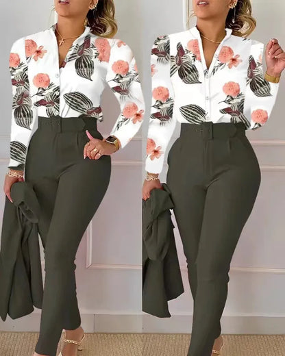 Women's Elegant Autumn/Winter Printed V-Neck Long Sleeve Button Shirt Top Fashion Solid Color Long Pants 2 Piece Set With Belt