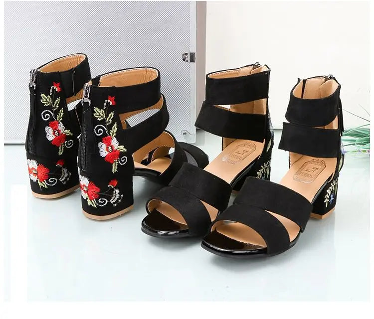 Ethnic Style Embroidered Mid-heel Sandals,  Summer Casual Thick Heels Elegant Vintage Open-toed Embroidered Shoes, Women's Shoes