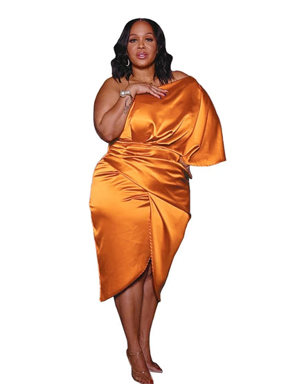 Plus Size Women Clothing One Shoulder Wedding Dress Big Lady Elegant Satin Short Dress Dresses 5xl Wholesale Bulk Dropshipping